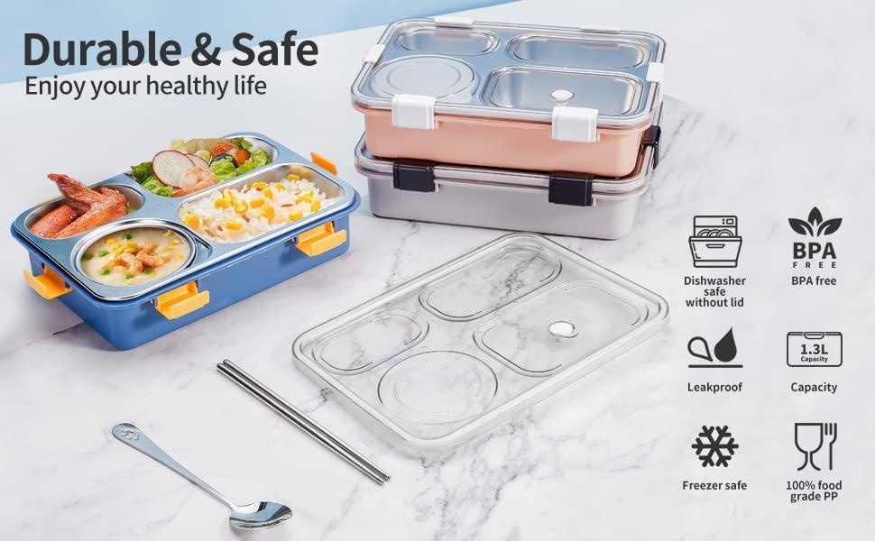 Bento Customized Steel Lunch Box | 4 compartments - Food Container, Chopstick & Spoon | Leakage Proof