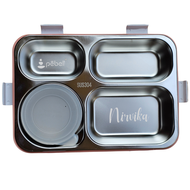 Bento Customized Steel Lunch Box | 4 compartments - Food Container, Chopstick & Spoon | Leakage Proof