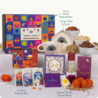 Diwali gift hamper with ceramic mug and saucer
