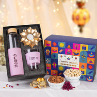 Personalized Marshmallow Glass Bottle & Viral Glass with Golden Lotus Diya – Diwali Gift Hamper