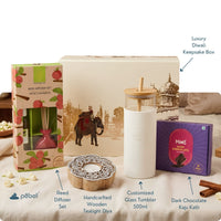 Unique Diwali Gift Hampers with Tumbler, Reed Diffuser Set, Dark Chocolate Kaju Katli & Rustic Diya