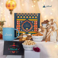 personalized ceramic mug diwali gift, custom name coffee mug, festive mug with dry fruits, diwali gift hamper with potli bags, premium golden diya gift set, artistic ceramic cup gift