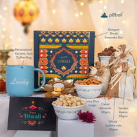 Personalized Artistic Mystic Ceramic Mug with Dry Fruits & Golden Diya – Diwali Gift Hamper