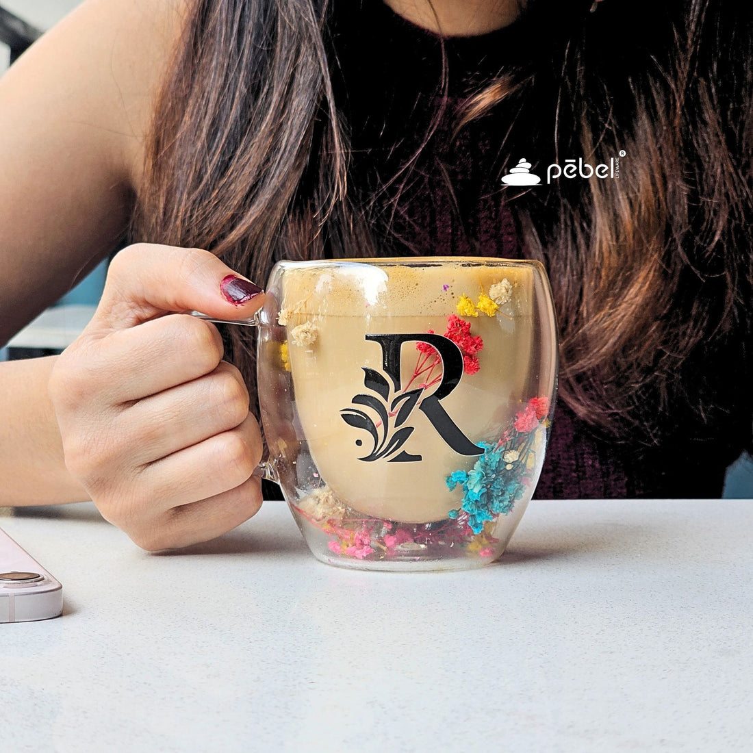 Aesthetic double wall glass coffee mug with floral design