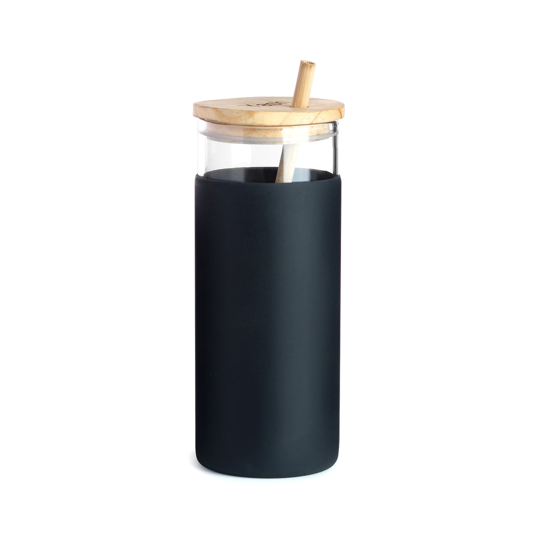 Glass tumbler with wooden straw and lid