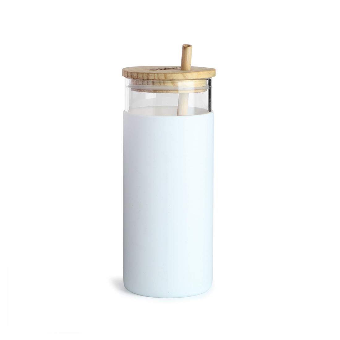 A sleek white glass tumbler with a bamboo lid and straw, featuring a removable silicone sleeve.