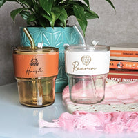 Personalized Juice/Coffee Tumbler with Glass Straw leather band