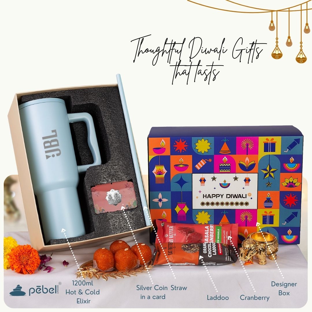 Diwali gift set with Stanley mug, Silver coin, dryfruit, and decorative box.