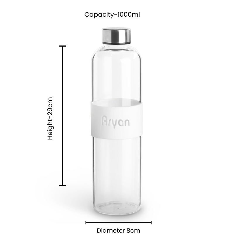 Personalized 1 ltr Fridge Glass Bottle with Silicone Sleeve Band