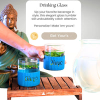 Personalized glass tumbler with silicone band – front view