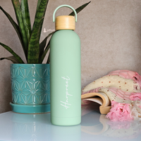 Green colour Vacuum Insulated Personalised Steel Water Bottles with wooden lid
