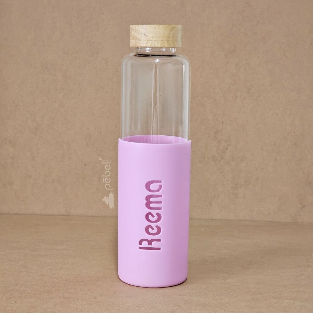 Personalized Name Glass Water Bottles in Pastel Color Silicon Cover