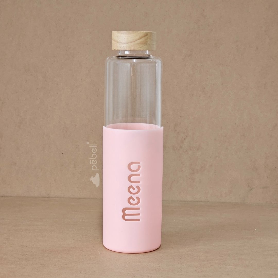 Personalized Name Glass Water Bottles in Pastel Color Silicon Cover