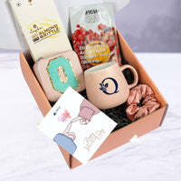 Pastel Mug & Jewellery Box Hamper with chocolates, scrunchie, and facemask