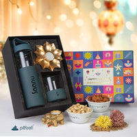 Gift hamper set with products and Diwali-themed card