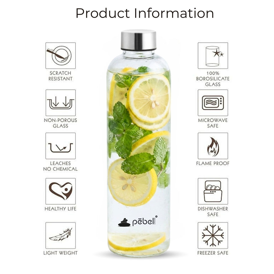 Borosilicate Glass Water Bottle 1000ml by Pebel Lifeware
