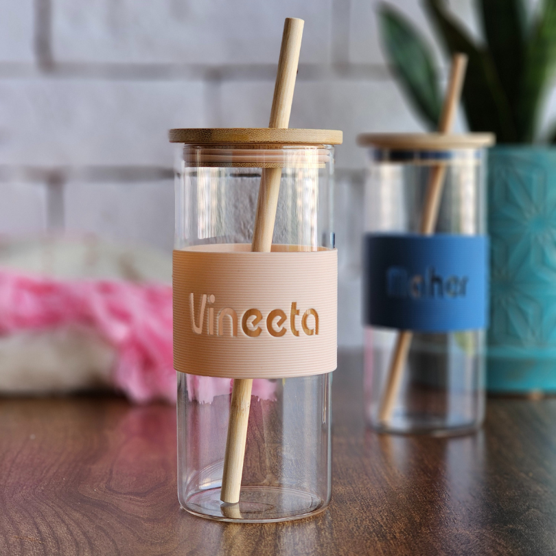 Customized Glass Tumblers with Silicone Band, Bamboo Lid & Straw