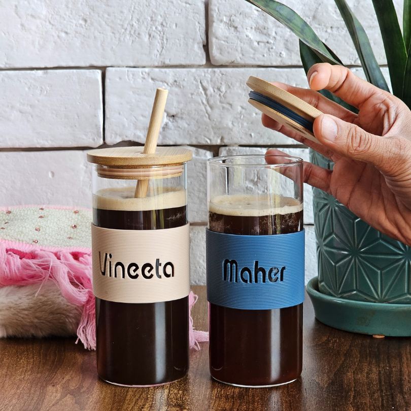 Customized Glass Tumblers with Silicone Band, Bamboo Lid & Straw