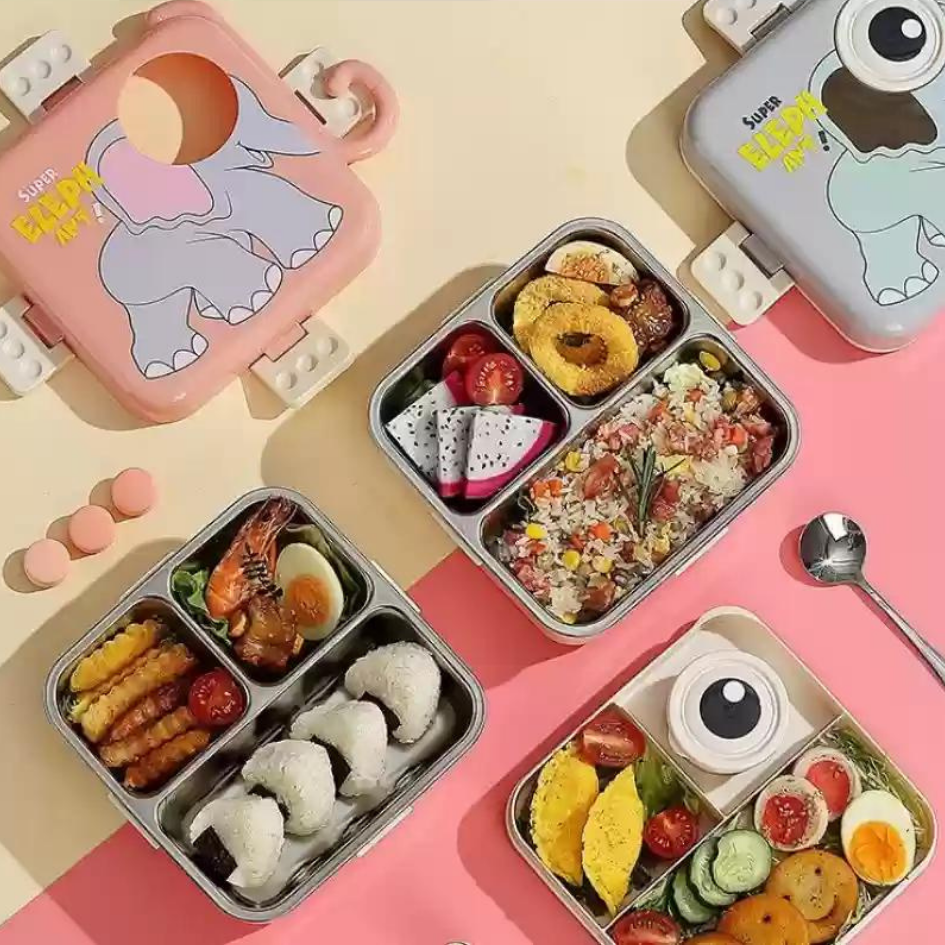 Bento Stainless Steel 3 Compartment Lunch Box with Spoon