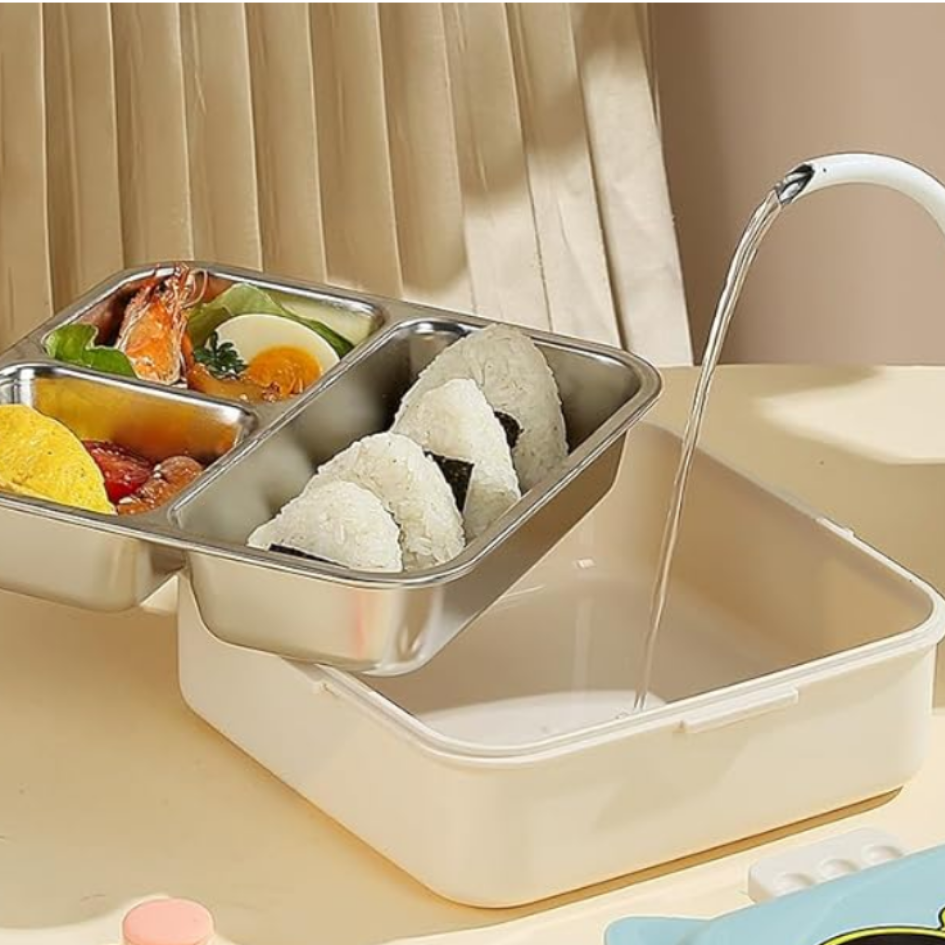 Bento Stainless Steel 3 Compartment Lunch Box with Spoon