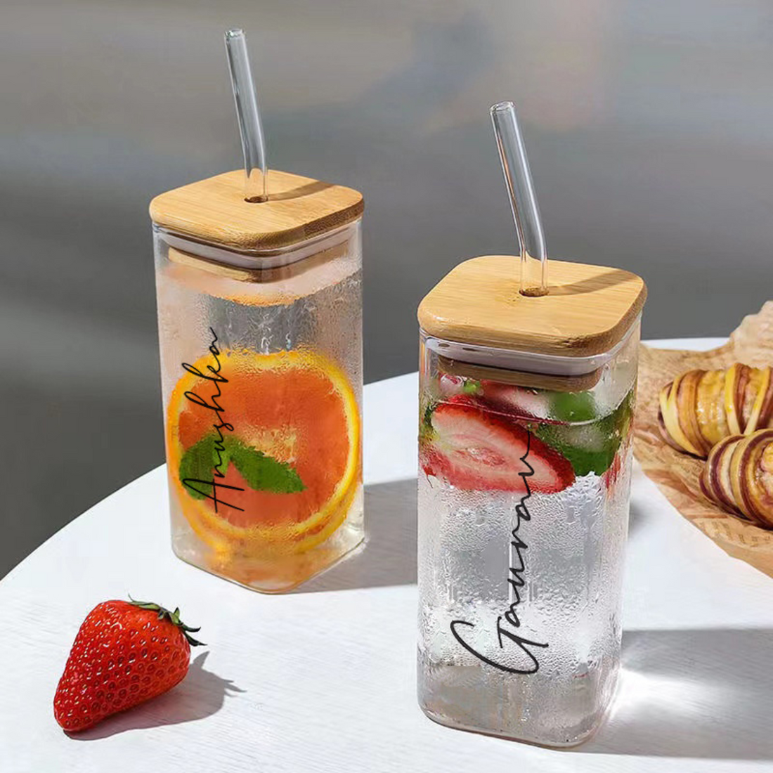 Personalized Square Shaped Juice/Coffee Tumbler with Glass Straw
