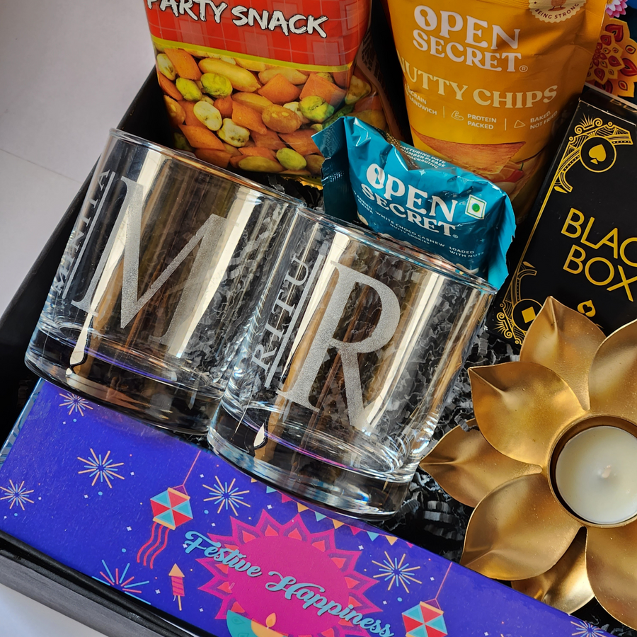 The Ultimate Party Hamper | Personalized Whiskey Glasses and Munchies
