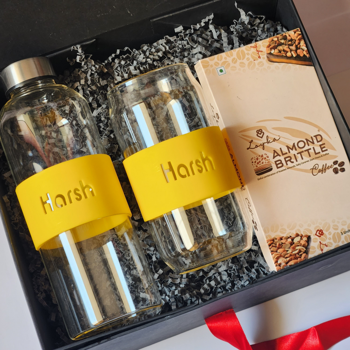 Personalized glass bottle and beverage can gift hamper