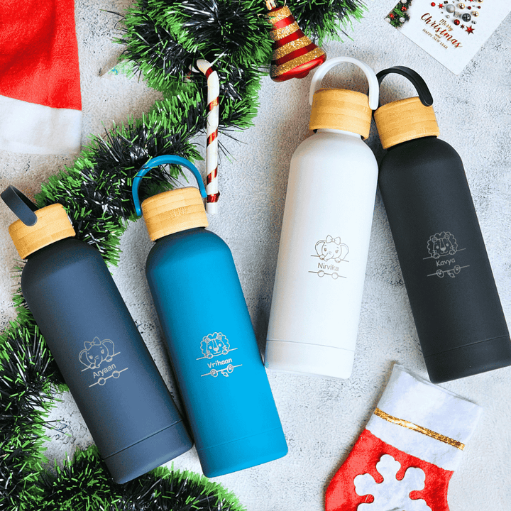 Elegant personalised vacuum-insulated steel water bottle with wooden lid