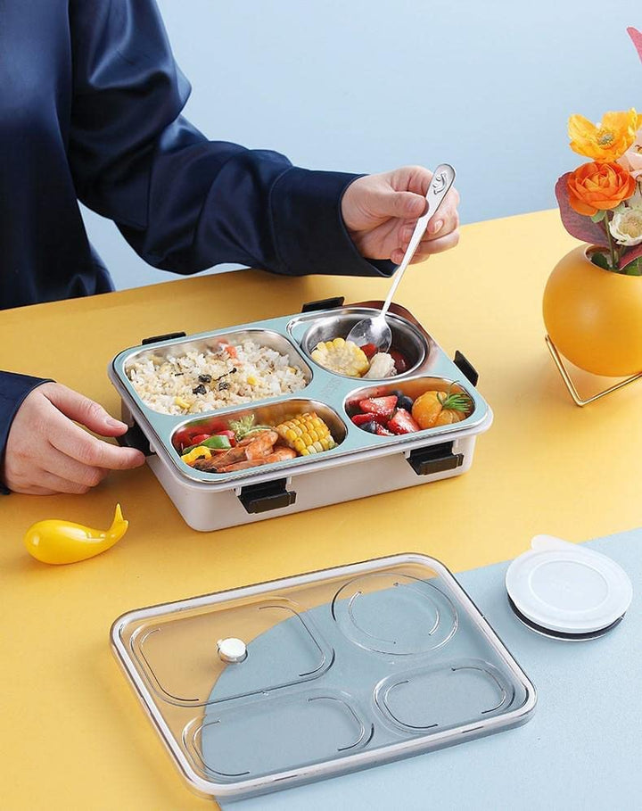 Bento Customized Steel Lunch Box | 4 compartments - Food Container, Chopstick & Spoon | Leakage Proof