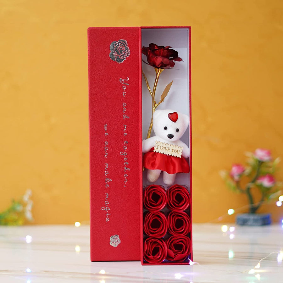 Premium Rose Flower with Teddy, Rose Petals & Spotify Song Key Chain in Luxury Gift Box
