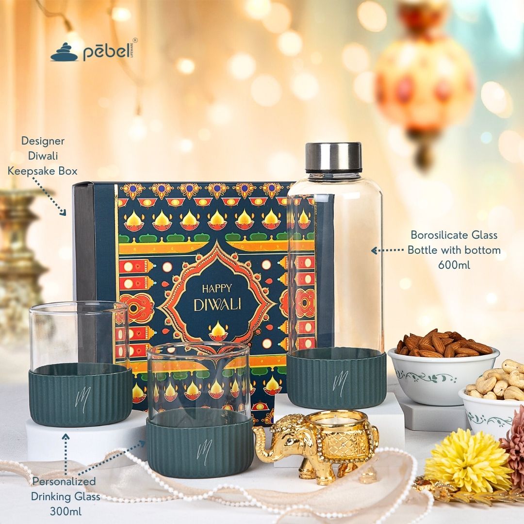Drinking Glass Set with Company Logo - Perfect Diwali Gift Hamper