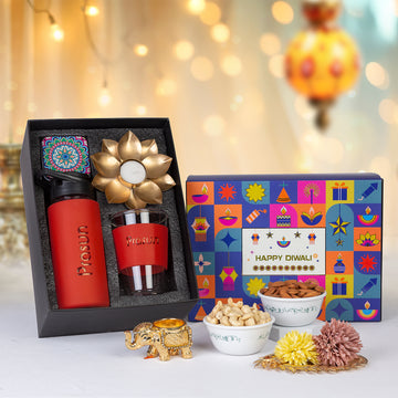 Personalized Glass Bottle & Viral Glass with Golden Lotus Diya and Dryfruit Tin – S
