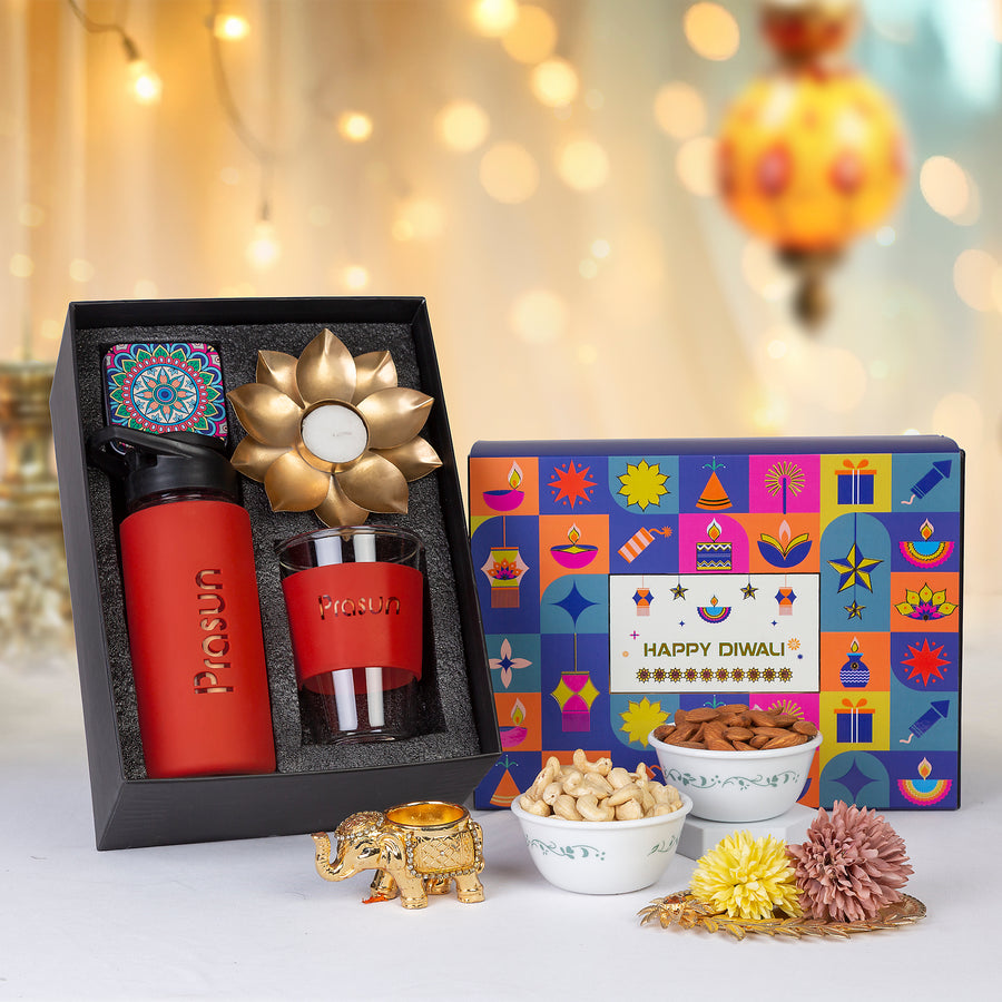 Personalized Glass Bottle & Viral Glass with Golden Lotus Diya and Dryfruit Tin – S