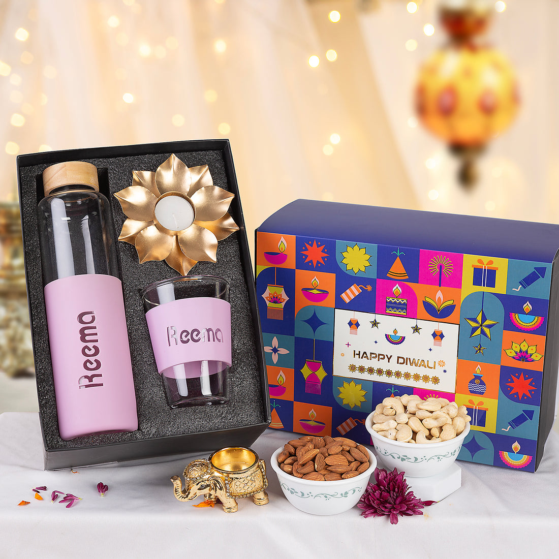 Personalized Marshmallow Glass Bottle & Viral Glass with Golden Lotus Diya – Diwali Gift Hamper