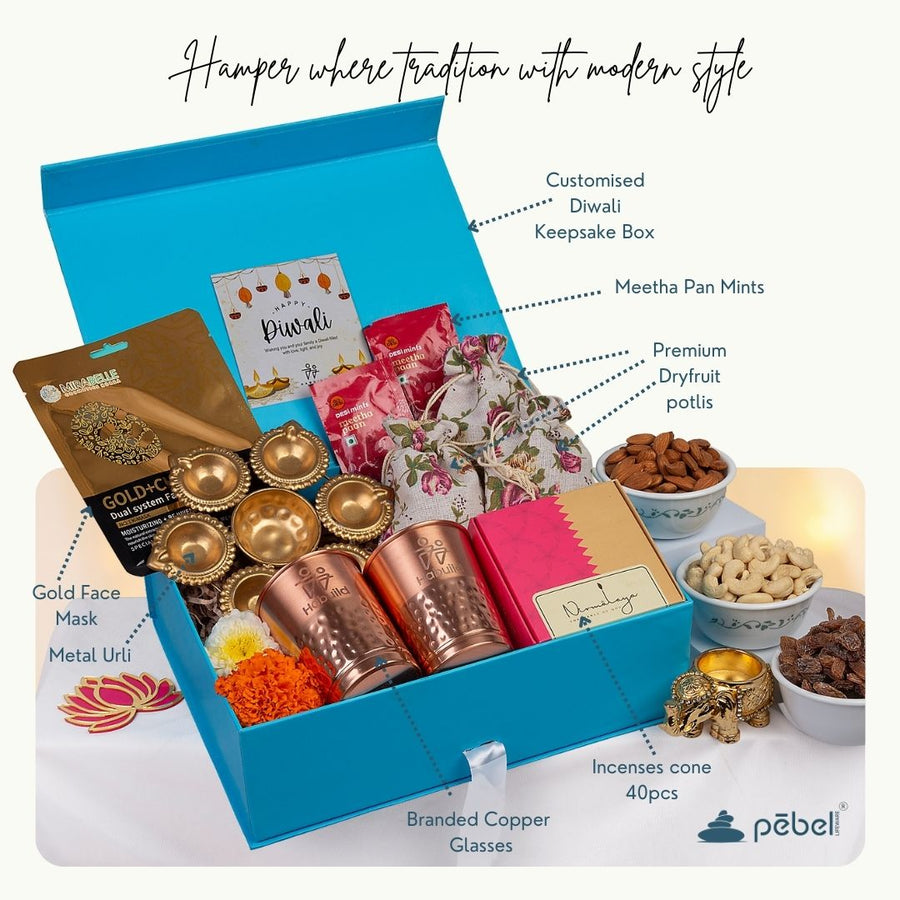Diwali gift hamper with various items including copper glasses and dry fruits