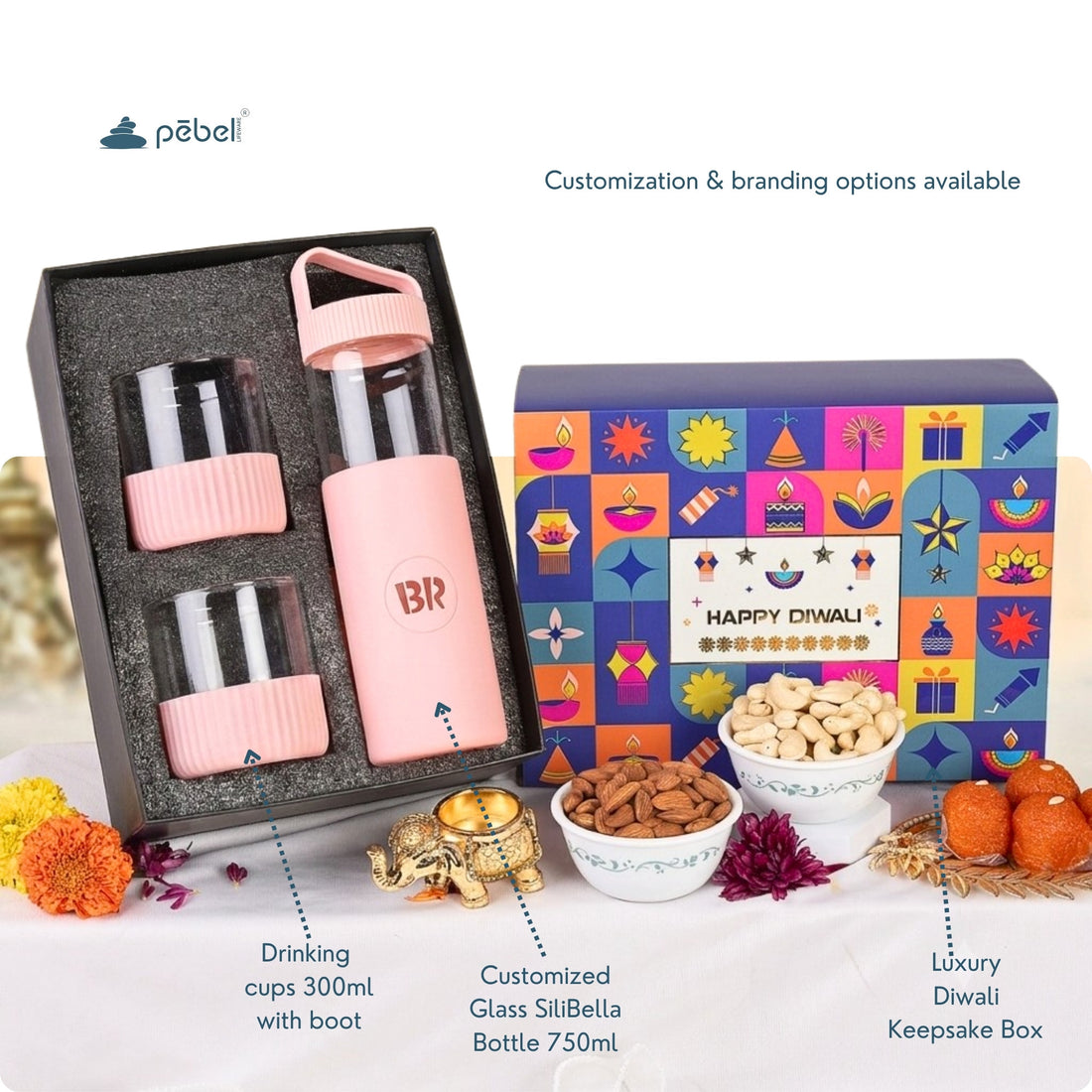 Diwali Hamper - Custom Logo Elegant Bottle & Drinking Glass with Elegant Diya