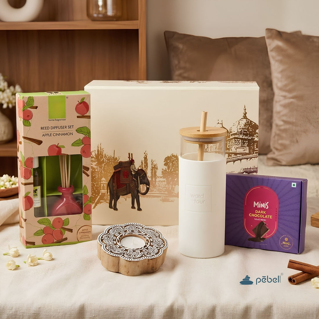 Diwali Gift Hampers with Tumbler, Reed Diffuser Set, Dark Chocolate Kaju Katli & Rustic Diya