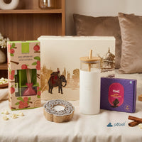 Diwali Gift Hampers with Tumbler, Reed Diffuser Set, Dark Chocolate Kaju Katli & Rustic Diya