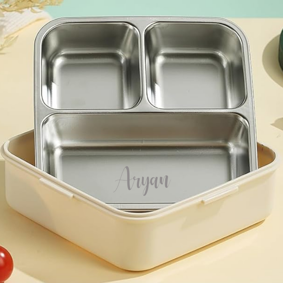 Customised Bento Stainless Steel 3 Compartment Lunch Box with Spoon