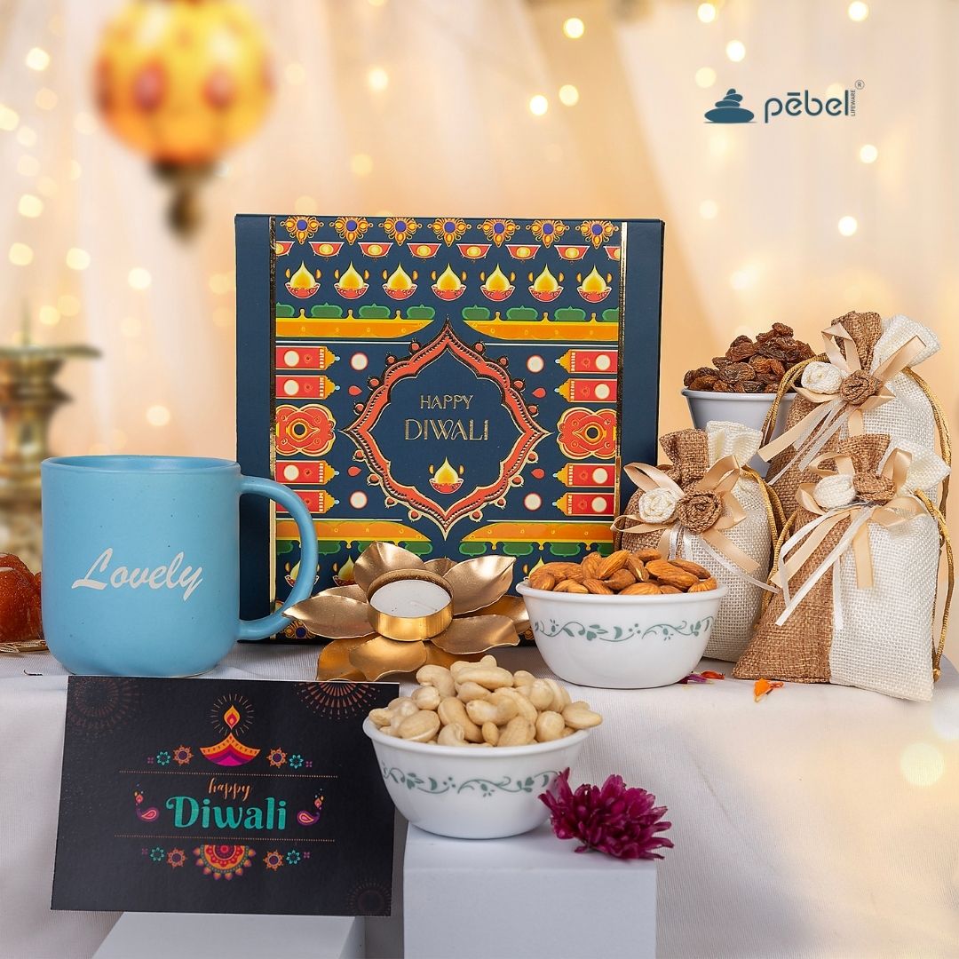 personalized ceramic mug diwali gift, custom name coffee mug, festive mug with dry fruits, diwali gift hamper with potli bags, premium golden diya gift set, artistic ceramic cup gift