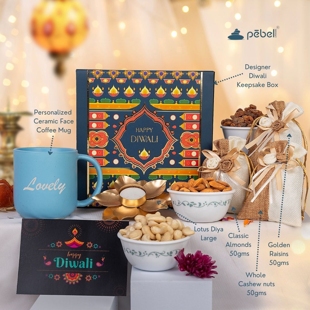 Personalized Artistic Mystic Ceramic Mug with Dry Fruits & Golden Diya – Diwali Gift Hamper