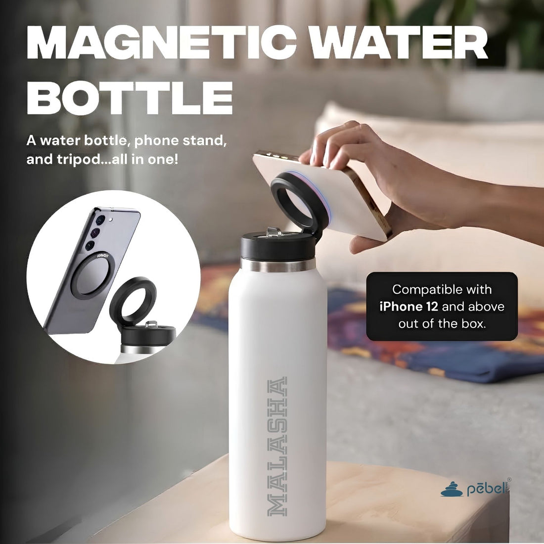 MagSafe Personalized Insulated Steel Bottle | Magnetic Phone Tripod Mount Bottles