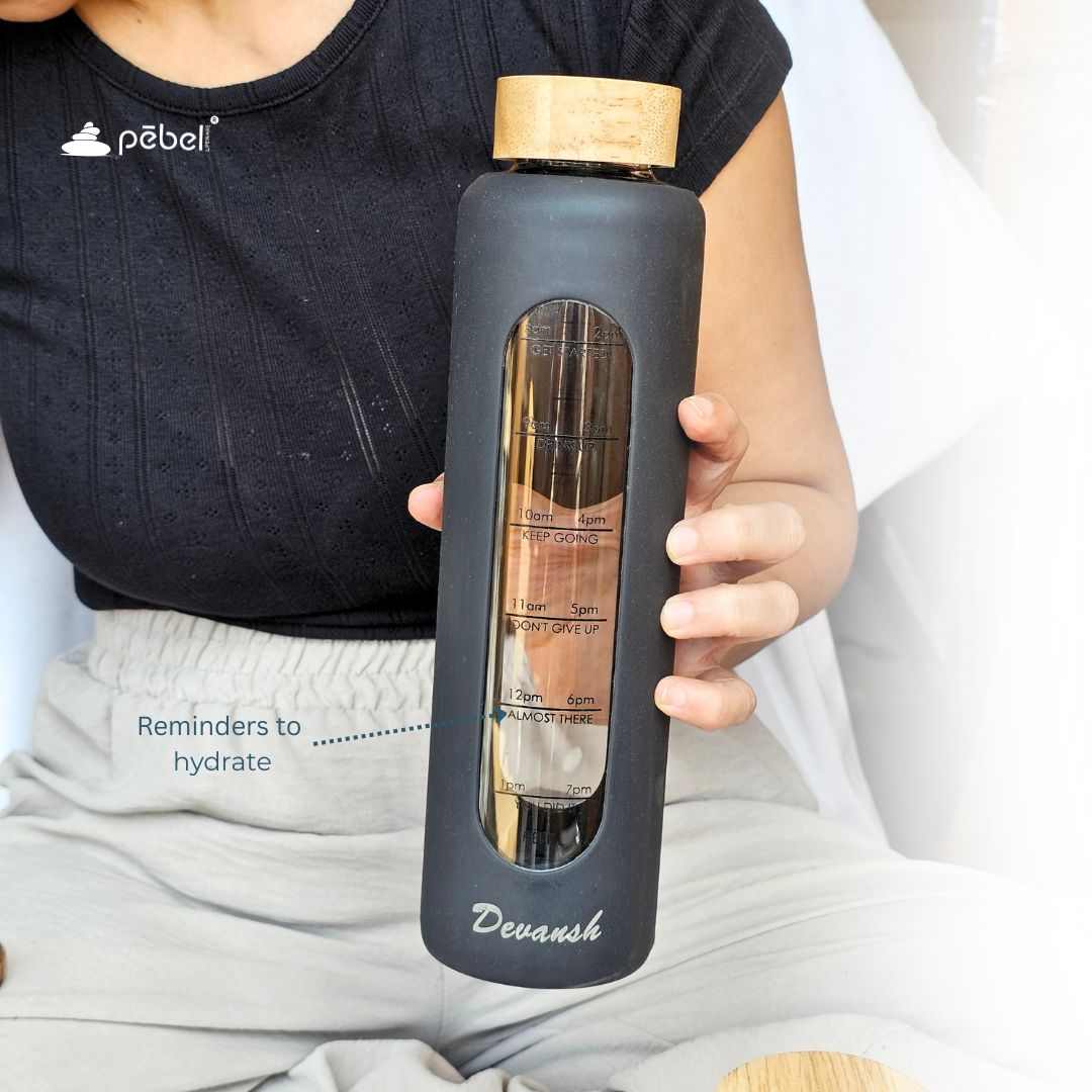Glass Water Bottle 750ml with Time Markers & Silicone Sleeve