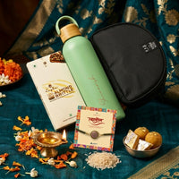 Rakhi hamper for bhai with tech pouch and personalized bottle
