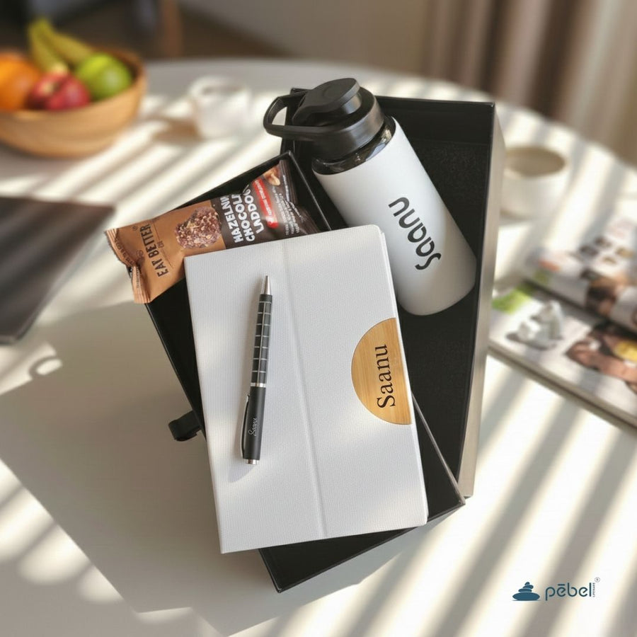 Personalized Gift Hamper | Glass Bottle, Diary & Pen
