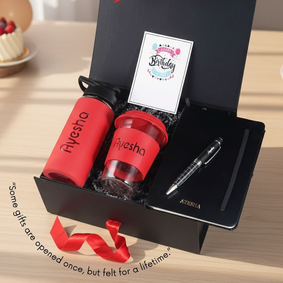 Best Seller Signature Personalized Birthday Gift Hamper - S | Glass Bottle, Mug, Diary & Pen