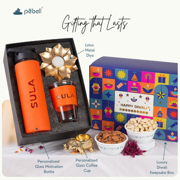 Gift set with personalized glass motivation bottle, coffee cup, and decorative diya from Pebel Lifeware