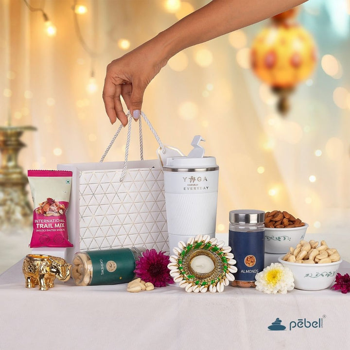 Corporate Diwali hamper with vacuum flask, almonds, cashews, and luxury packaging