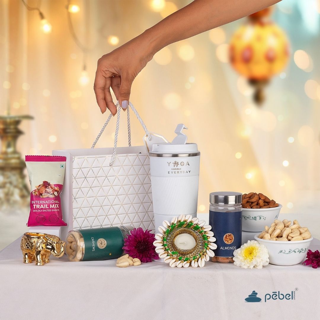 Corporate Diwali hamper with vacuum flask, almonds, cashews, and luxury packaging