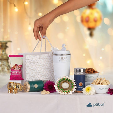 Corporate Diwali hamper with vacuum flask, almonds, cashews, and luxury packaging